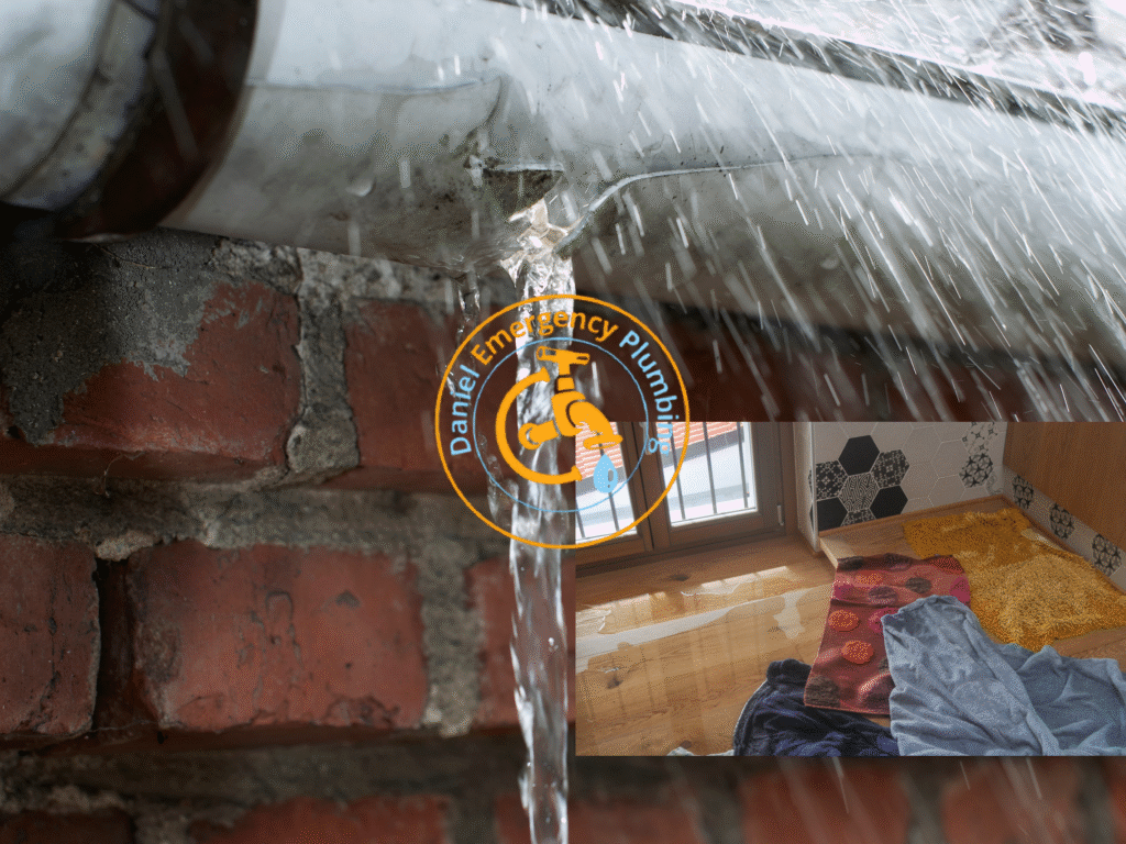 Burst pipe leaking water onto bricks with inset showing a flooded wooden floor and soaked towels