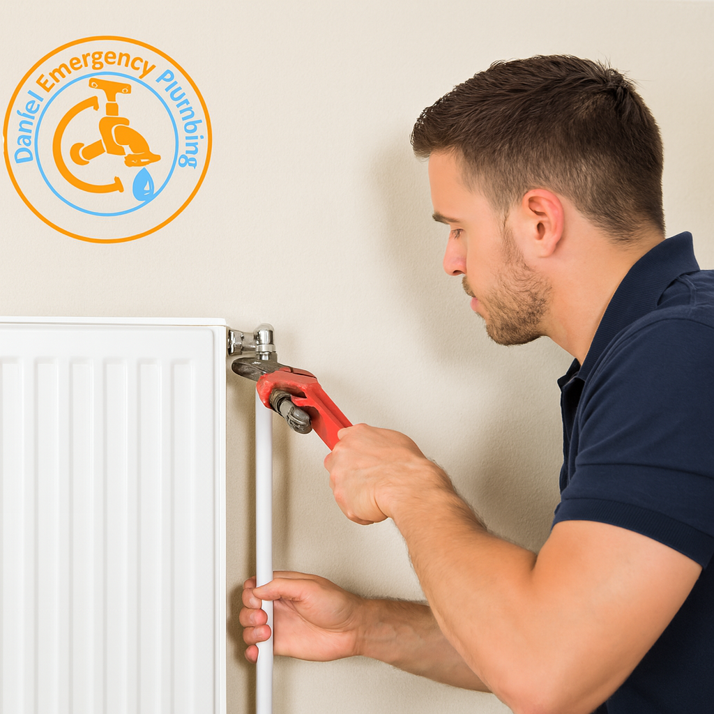 Man bleeding a radiator with tool.